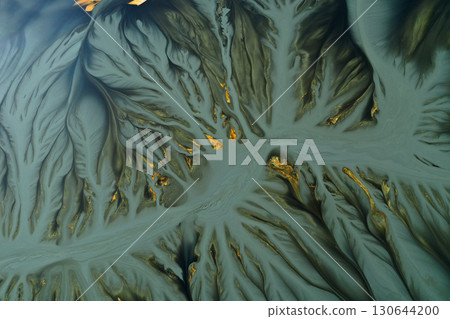 Abstract natural colorful patterns of acid mine drainage in decanting lake aerial view 130644200
