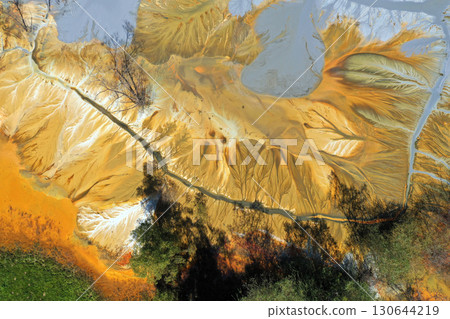 Abstract natural colorful patterns of acid mine drainage in decanting lake aerial view Abstract natural colorful patterns of acid mine drainage in decanting lake aerial view 130644219