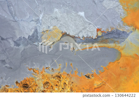 Abstract natural colorful patterns of acid mine drainage in decanting lake aerial view Abstract natural colorful patterns of acid mine drainage in decanting lake aerial view 130644222