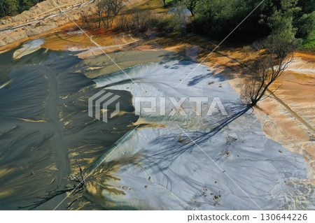 Abstract natural colorful patterns of acid mine drainage in decanting lake aerial view 130644226