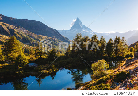 Great  panorama with famous peak Matterhorn. Location place Swiss alps, Grindjisee, Europe. Beauty world. 130644337