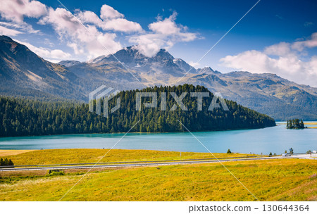 Great view of the azure pond Champfer. Location Swiss alps, Silvaplana village, district of Maloja, Europe. 130644364