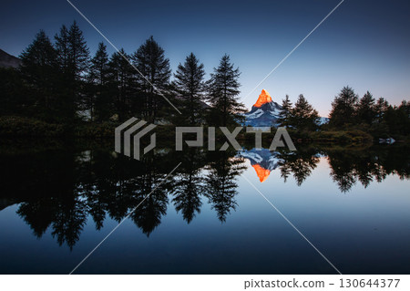 Great  panorama with famous peak Matterhorn. Location place Swiss alps, Grindjisee, Europe. Beauty world. 130644377