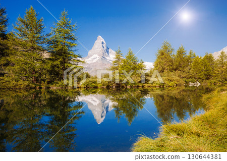 Great  panorama with famous peak Matterhorn. Location place Swiss alps, Grindjisee, Europe. Beauty world. 130644381