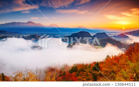Aerial view of the island on alpine lake Bled. Location place Julian Alps, Slovenia, Europe. 130644511
