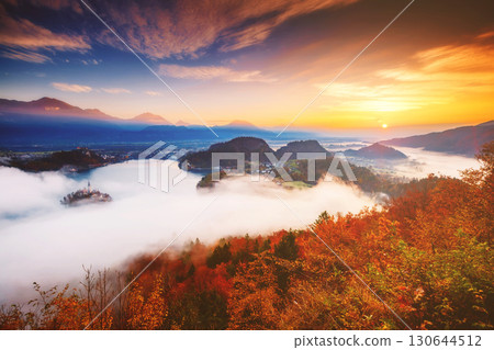 Aerial view of the island on alpine lake Bled. Location place Julian Alps, Slovenia, Europe. 130644512
