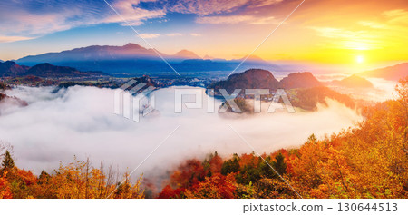 Aerial view of the island on alpine lake Bled. Location place Julian Alps, Slovenia, Europe. 130644513