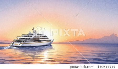 日落時分在海上航行的豪華渡輪的水彩畫 130644545
