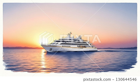 日落時分在海上航行的豪華渡輪的水彩畫 130644546