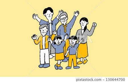 A crayon illustration of a three-generation family of six, including grandparents, parents, and children 130644700