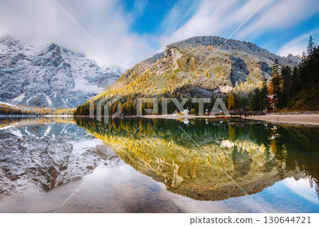 Great alpine lake Braies. Location place Dolomites, Italy. 130644721