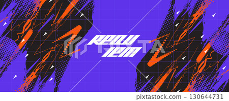 Dynamic Grunge Background with Black and Orange Brush Strokes, and Blue Grid Lines. Abstract Design Background for Fitness, Racing, Esports, Posters, Banners, or Sport Events 130644731