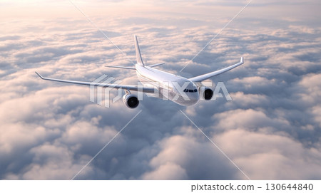 An airplane glides through sunrise clouds, highlighting the beauty of air travel and adventure An airplane glides through sunrise clouds, highlighting the beauty of air travel and adventure 130644840