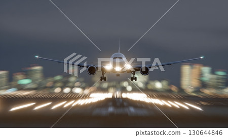 An airplane approaches the runway at twilight, surrounded by shimmering city lights and a clear sky above An airplane approaches the runway at twilight, surrounded by shimmering city lights and a clear sky above 130644846