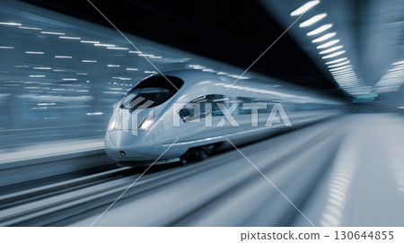 A high-speed train moves swiftly through a contemporary station filled with bright lights at night A high-speed train moves swiftly through a contemporary station filled with bright lights at night 130644855