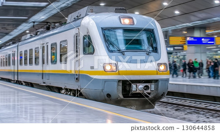 A sleek train approaches a crowded city station with travelers waiting to board 130644858