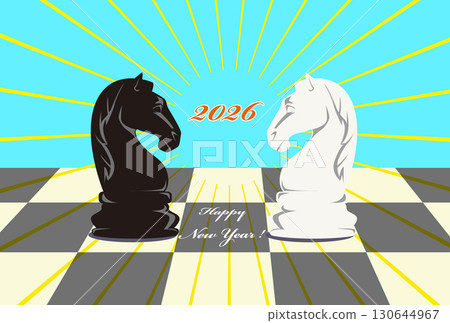 西洋棋棋盤和騎士棋子新年賀卡藍色背景 西洋棋棋盤和騎士棋子新年賀卡藍色背景 130644967