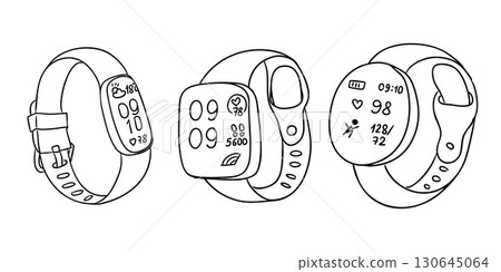Smartwatches with digital screens showing time, heart rate, steps and weather in simple line art style Smartwatches with digital screens showing time, heart rate, steps and weather in simple line art style 130645064