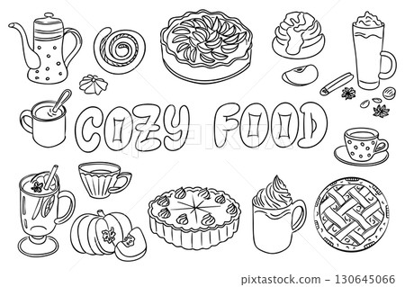 Cozy food coloring page with pies, cakes, hot drinks, teapot, pumpkin and spices in simple line art style Cozy food coloring page with pies, cakes, hot drinks, teapot, pumpkin and spices in simple line art style 130645066