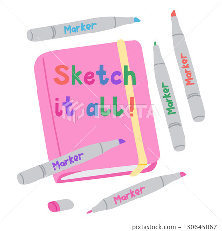 Sketchbook with colorful text sketch it all surrounded by markers in creative flat style 130645067