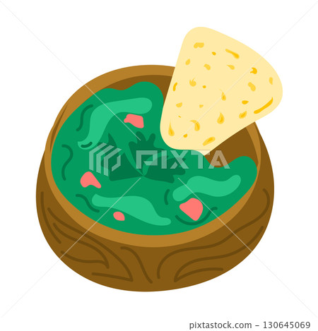 Bowl of guacamole with tortilla chip in flat style illustration Bowl of guacamole with tortilla chip in flat style illustration 130645069