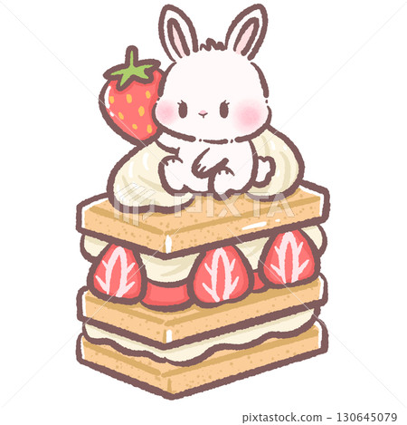 Cute bunny sitting on top of a strawberry mille feuille dessert clipart adorable pastel illustration perfect for invitations greeting cards scrapbooking and craft projects Cute bunny sitting on top of a strawberry mille feuille dessert clipart adorable pastel illustration perfect for invitations greeting cards scrapbooking and craft projects 130645079