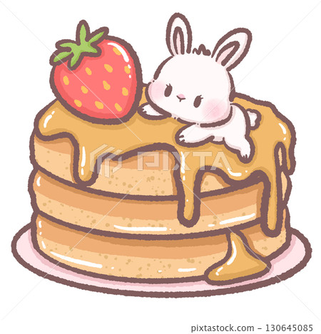 Cute bunny laying on a stack of pancakes drizzled in caramel and strawberry dessert clipart adorable pastel illustration perfect for invitations greeting cards scrapbooking and craft projects 130645085