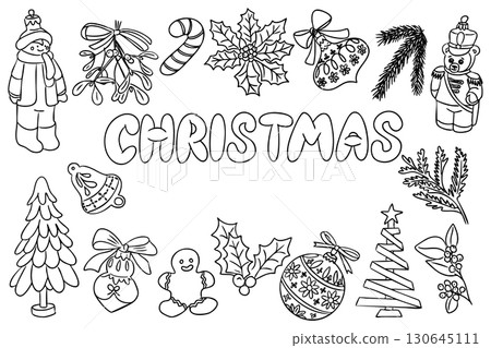 Christmas doodle set with ornaments, candy, holly, trees and festive characters in black and white 130645111