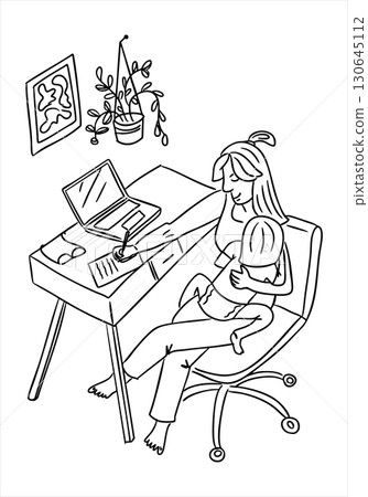 Mother working from home with a child on her lap at a desk with a laptop and plant 130645112