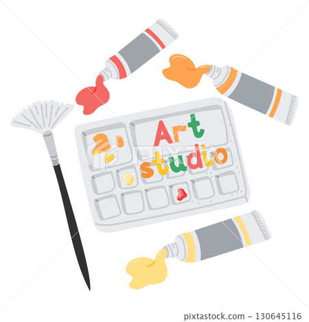 Art studio scene with paint tubes, colorful palette and a brush next to hand-lettered text 130645116