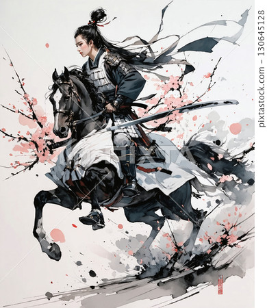 Samurai fighting on horseback with cherry blossoms in the background 130645128