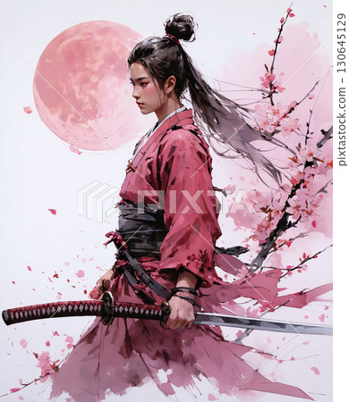 Samurai fighting on horseback with cherry blossoms in the background Samurai fighting on horseback with cherry blossoms in the background 130645129