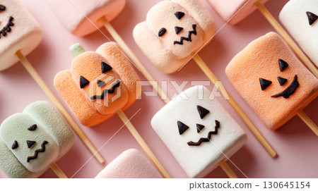 Colorful Halloween marshmallow treats shaped like pumpkins and ghosts on sticks, perfect for festive celebrations and seasonal gatherings 130645154