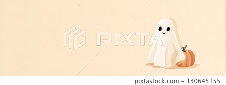 Cute ghost character with a smiling face sitting beside a small pumpkin on a soft pastel background, perfect for Halloween-themed designs and decorations 130645155