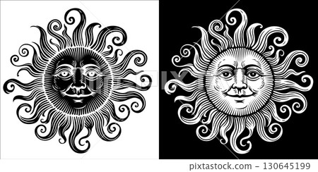 Sun Face Vintage Style Illustration 130645199