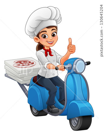 Female Woman Chef Pizza Delivery Rider on Scooter 130645204