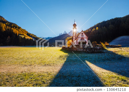 Morning in St. Magdalena village. Location place San Giovanni Church, Funes Valley, Dolomites. Morning in St. Magdalena village. Location place San Giovanni Church, Funes Valley, Dolomites. 130645218