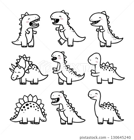 Cute dinosaur illustrations showing various poses and expressions in a playful and fun manner Cute dinosaur illustrations showing various poses and expressions in a playful and fun manner 130645240
