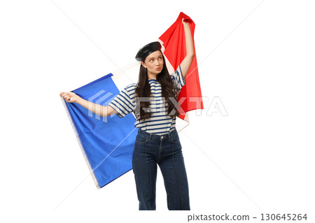 Girl in stripes and beret with flags, isolated on white, PNG Girl in stripes and beret with flags, isolated on white, PNG 130645264