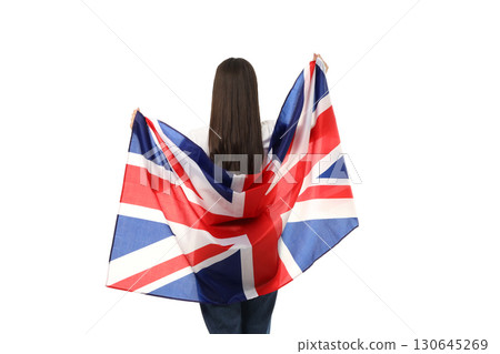 Person holds Union Jack flag while facing away, isolated on white, PNG Person holds Union Jack flag while facing away, isolated on white, PNG 130645269
