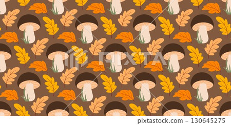 Autumn cozy print with boletus and foliage Autumn cozy print with boletus and foliage 130645275