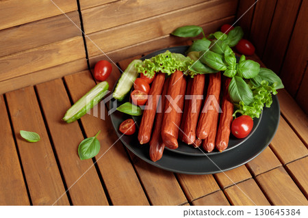 Thin smoked Polish sausages on a black plate. Thin smoked Polish sausages on a black plate. 130645384