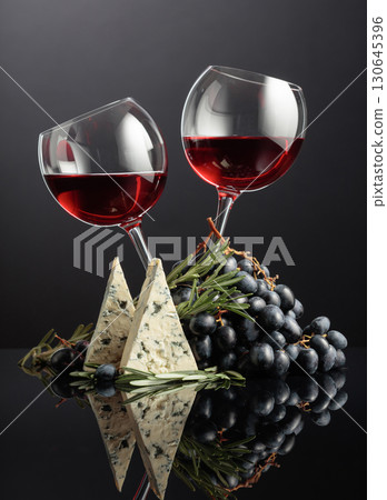 Red wine with grapes, rosemary, and blue cheese. Red wine with grapes, rosemary, and blue cheese. 130645396