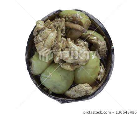 Stir fried Chicken with Thai eggplant or Green brinjal, Curry paste and Kaempfer isolated on white background with clipping path. 130645486