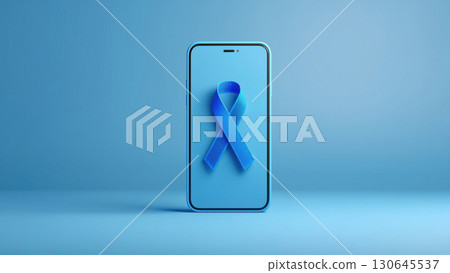 Prostate cancer campaign: blue ribbon on phone, created with AI 130645537
