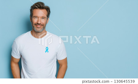 Man stands confidently wearing a blue ribbon shirt, created with AI 130645539
