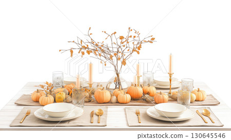 Autumn table with pumpkins and candles, created AI, PNG 130645546