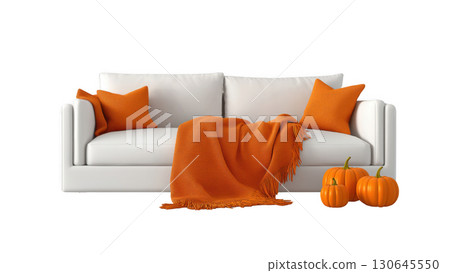 Cozy space with orange pillows, blankets, and pumpkins, AI, PNG 130645550
