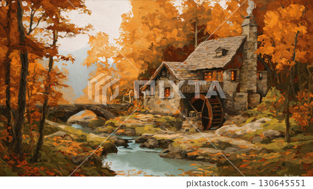 Autumn trees by a rustic mill and flowing water, created AI 130645551