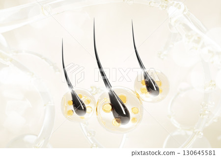 3d hair follicles with olive oil drop texture. Hair bulbs with clear gel serum, gold liquid bubble, wave and splash. Egg protein shampoo, keratin vitamin. Cosmetic beauty care product. 3D illustration 130645581